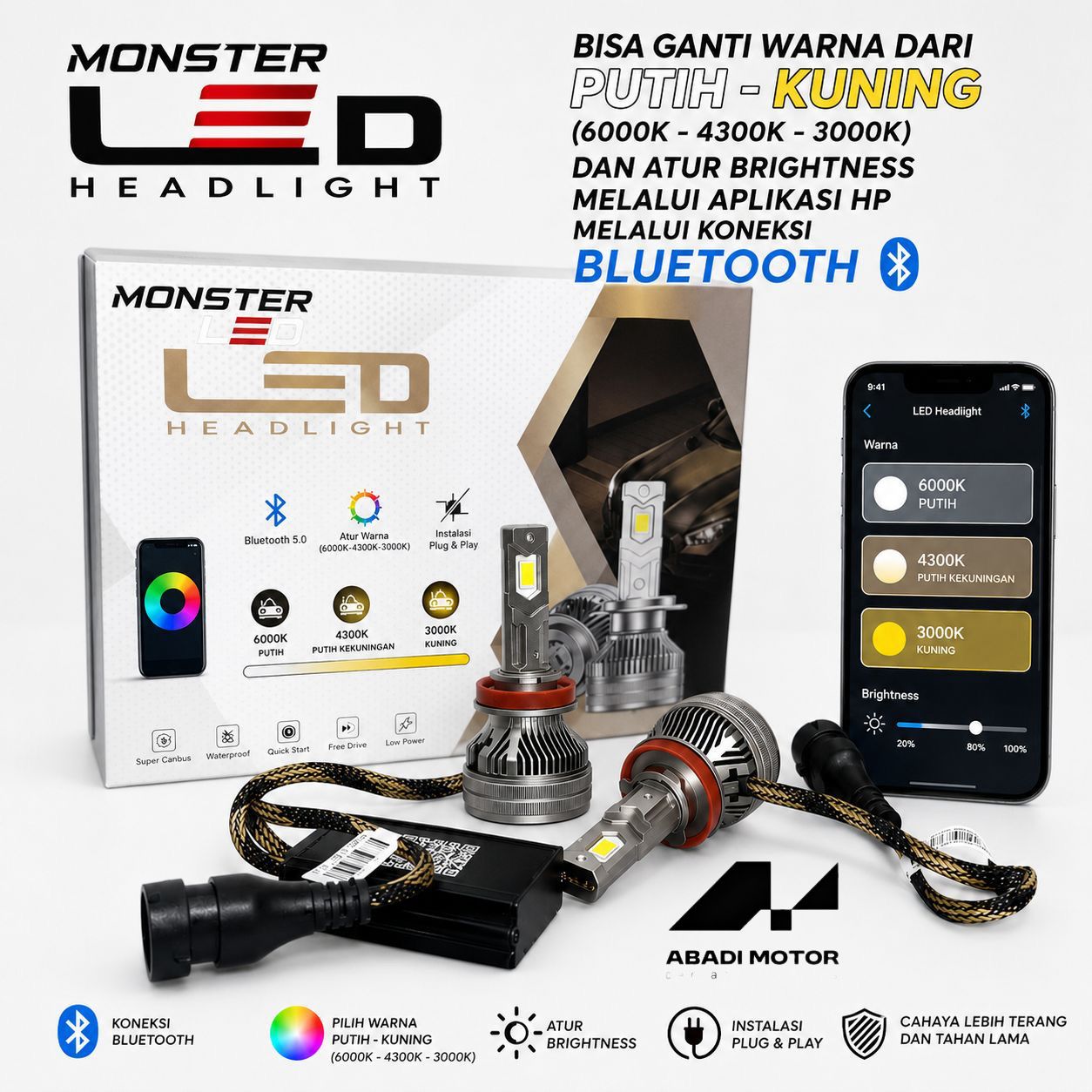 Lampu Depan LED MONSTER LED  H1 H3  H4 HB4 H7 H11 150W Kuning Putih 3000k 4300k 6500k